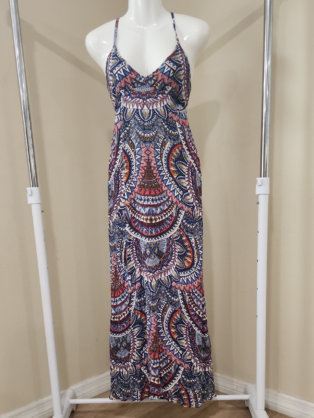 Billabong Multicolor Boho Maxi Dress in Blue, Pink and Yellow